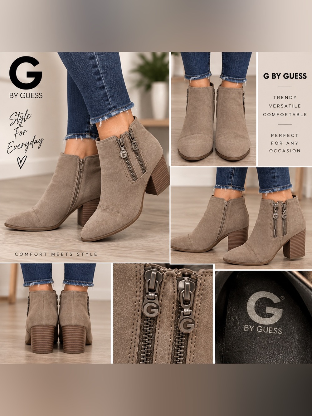 GUESS Women’s 7.5M Taupe Suede Ankle Booties Double Side Zip Block Heel